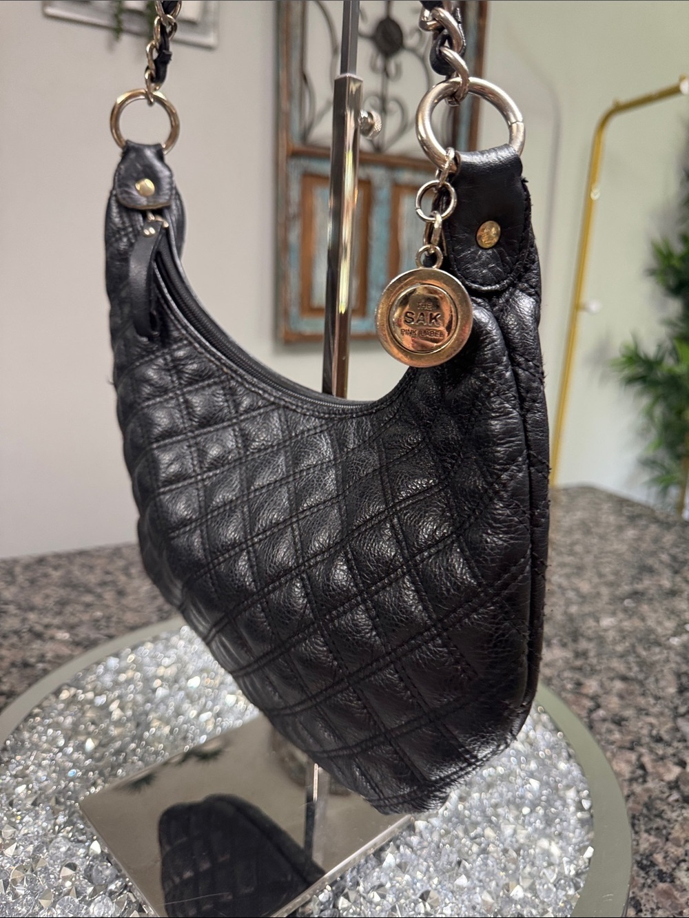 The Sak Black Quilted Leather Shoulder Bag with Brass Medallion chain strap - Picture 4 of 13